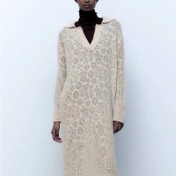 Zara Dresses & Skirts - Zara Pointelle Crochet Dress Women Small Ivory Collared 48" Long DRESS ONLY